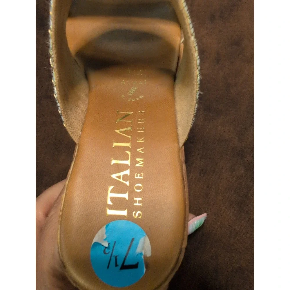 Italian Shoemakers Womens Gold Multi Metallic Striped Cork Wedge Sandals 7.5